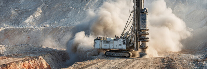 Large scale industrial drill rig operating in dusty open pit mine with rocky terrain and heavy machinery creating cloud of dust during excavation