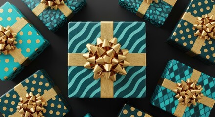 Festive Present Boxes Tied with Golden Ribbons on a Dark Background