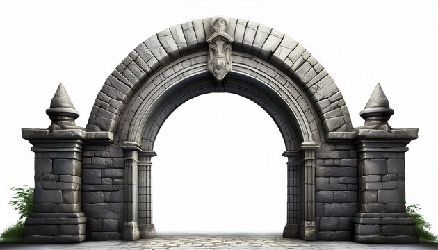 dark stone anchient arch gate isolated on white or transparent