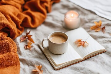 Cozy autumn moment with coffee and journal surrounded by dried leaves