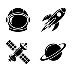 Astronaut helmet, rocket ship, satellite, and planet with rings silhouette icons vector illustration