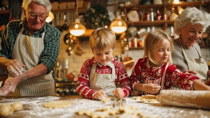 Happy grandparents baking Christmas cookies with grandchildren in a cozy kitchen, rolling dough together and enjoying festive holiday traditions - Powered by Adobe