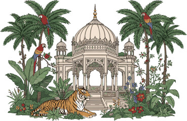 Create a Mughal forest wallpaper illustration with pavilion dome tiger parrot palm trees and tropical plants for print vector art with white background.