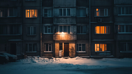 Soviet-style apartment block at night with glowing windows and snow-covered ground in cold winter atmosphere.