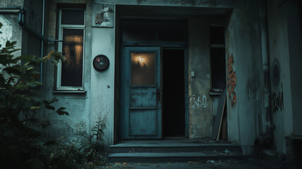 Moody entrance of an abandoned building with graffiti, overgrown plants, and dim lighting creating a mysterious atmosphere.