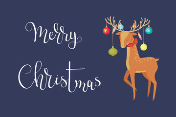 Christmas Reindeer with Ornaments and Birds Illustration, Cute Holiday Greeting Card Design