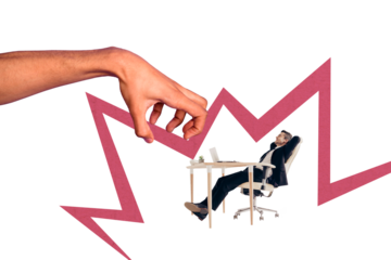 Creative collage happy carefree businessman boss lying armchair office worker employee human hand authority manipulation control catch