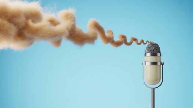 Surreal illustration of a vintage microphone with an artistic cloudlike stream emanating on a pastel blue background.