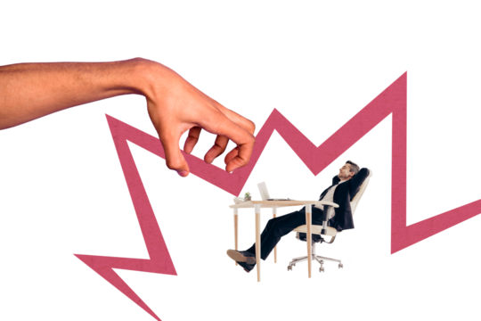 Creative collage happy carefree businessman boss lying armchair office worker employee human hand authority manipulation control catch