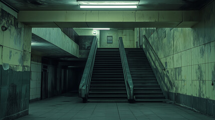 Empty, dimly lit urban underpass with concrete stairway and fluorescent lights in a gritty, eerie atmosphere.