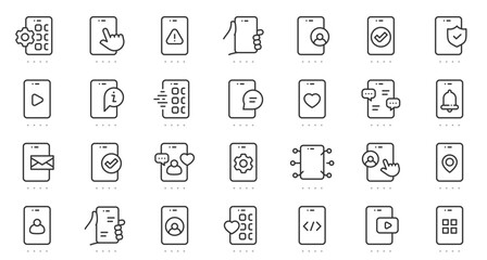 Smartphone interface icon set featuring apps, user profiles, communication, notifications, multimedia, and security in clean editable line style