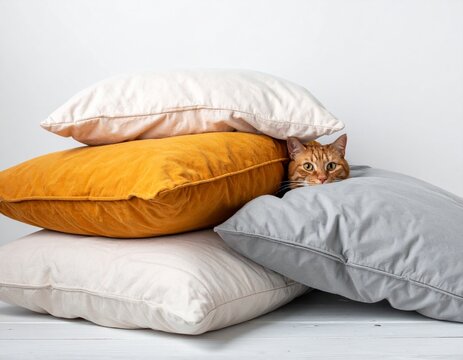 Chat roux blotti au milieu d'un empilement de coussins. Generated Image. 