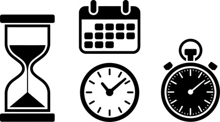 Obraz premium Icons representing time management, including an hourglass, calendar, clock, and stopwatch.