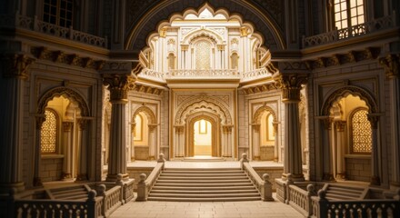 Grand Ornate Palace Interior with Arched Doorways and Elaborate Architectural Details