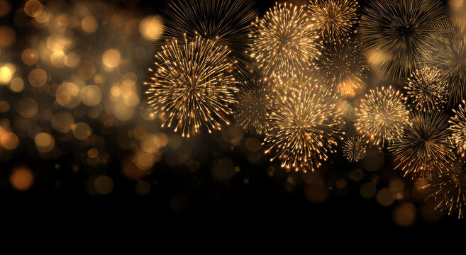 Golden fireworks burst in night sky with glowing bokeh lights creating festive and celebratory atmosphere perfect for holiday or event backgrounds