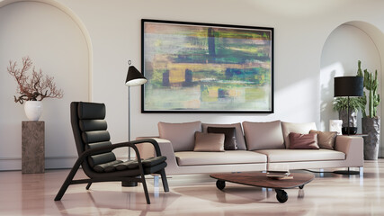 Large luxury modern bright interiors Living room mockup illustration 3D rendering image