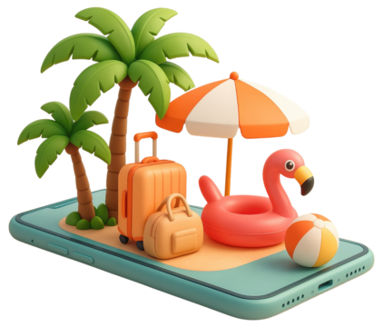 3D Travel Booking Concept on a Smartphone with Tropical Beach Elements and Luggage mobile isolated on a transparent background