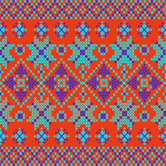 knitted fabric texture
Vector illustration of a vibrant, seamless pattern that mimics cross-stitch or embroidery. This intricate folk design features a bold combination of snowflakes, 