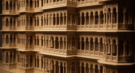 Naklejka premium Intricate Traditional Wooden Architectural Model with Multiple Levels and Arched Windows in Warm Lighting