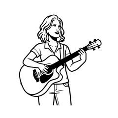 Fototapeta premium Black and white line art of a cool woman playing guitar in casual outfit minimalist stylish illustration