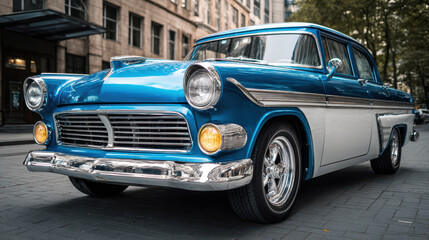 Nostalgic blue and white classic vintage car parked on city street. powerful retro sedan automobile with custom chrome details and beautiful old style creating cool vibe