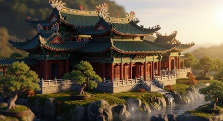 Traditional Asian Pagoda Architecture Surrounded by Lush Garden and Water Features at Sunset