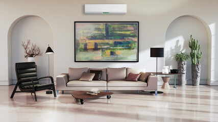 large luxury modern bright interiors room with air conditioning mockup illustration 3D rendering