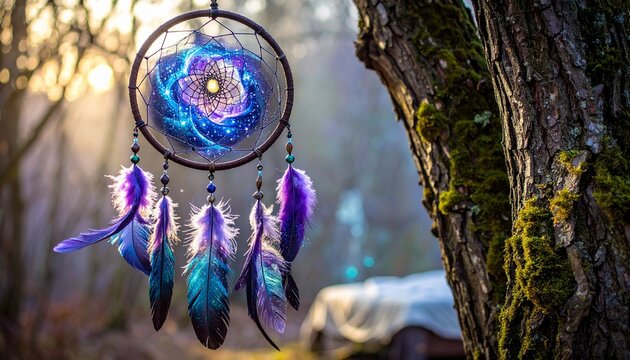 Dreamcatcher hanging in forest - Powered by Adobe