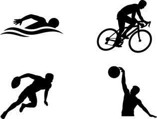 Dynamic silhouettes of athletes engaged in swimming, cycling, rugby, and throwing