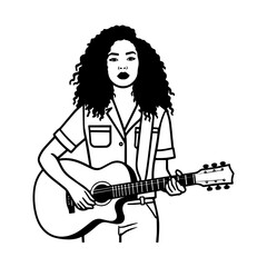 Black and white line art of a cool woman playing guitar in casual outfit minimalist stylish illustration