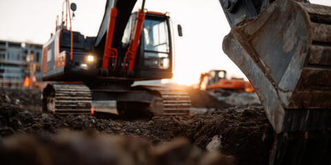 Fototapeta premium Excavator digging soil at construction site during sunset with heavy machinery and dirt in focus creating dynamic and industrious atmosphere