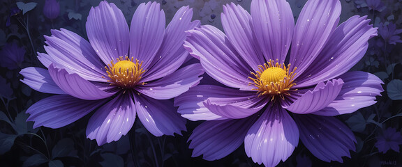 Violet cosmos flowers, abstract oil illustration, layered petals with chiaroscuro depth and metallic lavender glints.