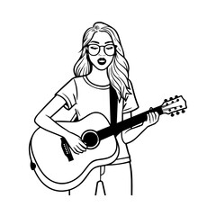 Black and white line art of a cool woman playing guitar in casual outfit minimalist stylish illustration