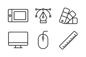 Graphic design tools: tablet, pen tool, swatches, monitor, mouse, ruler icons