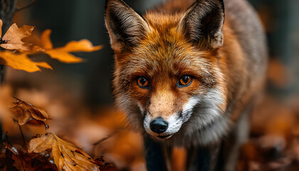 Fototapeta premium exploring the beauty of a close up of a red fox carefully stepping through a forest covered in autumn leaves from another angle