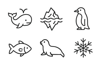 Fototapeta premium Minimalist arctic icons set: whale, iceberg, penguin, fish, seal, snowflake