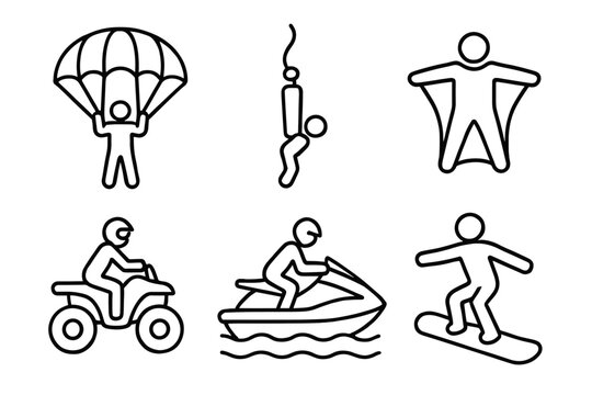 Outline icons of adventure sports activities including paragliding and jet skiing