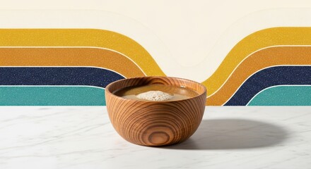 Warm Rice Porridge in a Wooden Bowl with Retro Stripes Background