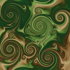 Swirling Green and Brown Abstract Art with Intricate Spiral Patterns.