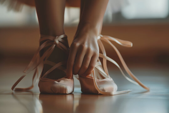 Graceful Pointe: A ballet dancer's hands tie the satin ribbons of her pointe shoes, preparing for a dance filled with delicate beauty and strength. This close-up captures the meticulous detail.