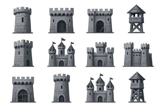 Collection of medieval stone castles and towers icons on white background