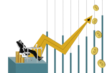 Composite trend artwork 3D photo collage of young man trader work laptop office manager sit armchair arrow grow success rich coins money