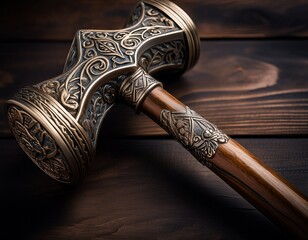 ornate metal hammer with a wooden handle