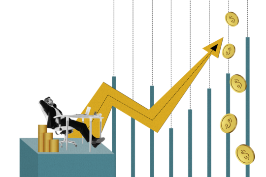 Composite trend artwork 3D photo collage of young man trader work laptop office manager sit armchair arrow grow success rich coins money