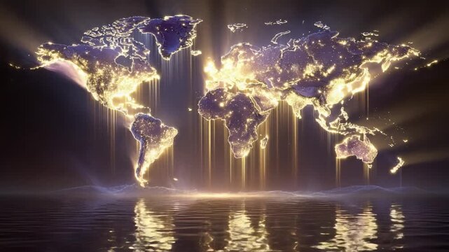 Glowing world map at night showing city lights and population density, with luminous beams reflecting on the water below. This animation represents global connection, data, and technology