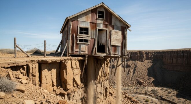 Old Wooden House on Cliff Edge in Desert Landscape Under Blue Sky
