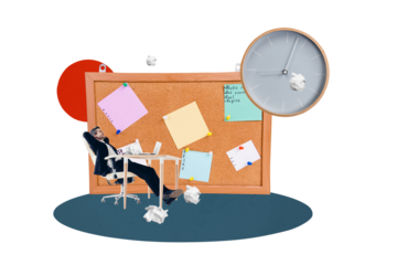 Composite photo collage of happy businessman sit office table supplies memo board sticker time break regime isolated on painted background