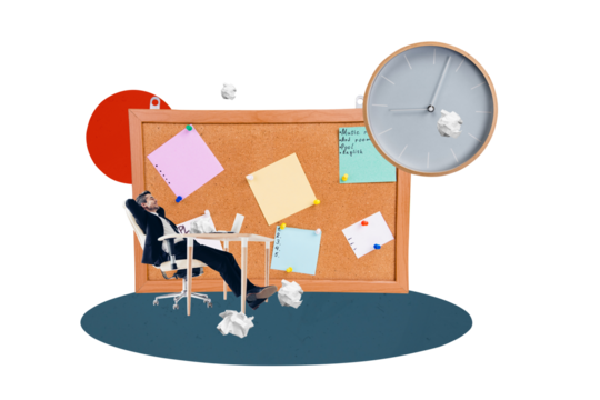 Composite photo collage of happy businessman sit office table supplies memo board sticker time break regime isolated on painted background