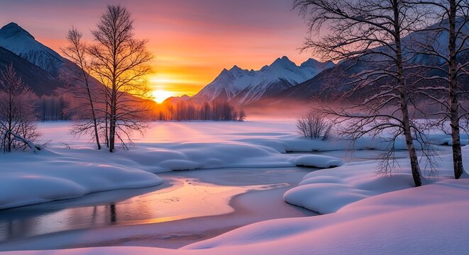 A tranquil winter sunrise paints the snowy landscape with vibrant hues.