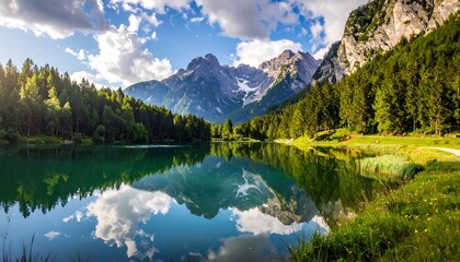 Fototapeta premium Serene mountain lake reflecting a sky of clouds